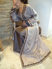 Caftan 2 pices beige et marron en satin de soie et mousseline de soie