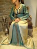 Caftan 3 pices vert turquoise dor en soie naturelle et soie sauvage