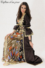 caftan satin de duchesse marron motifs dors imprim en soie 