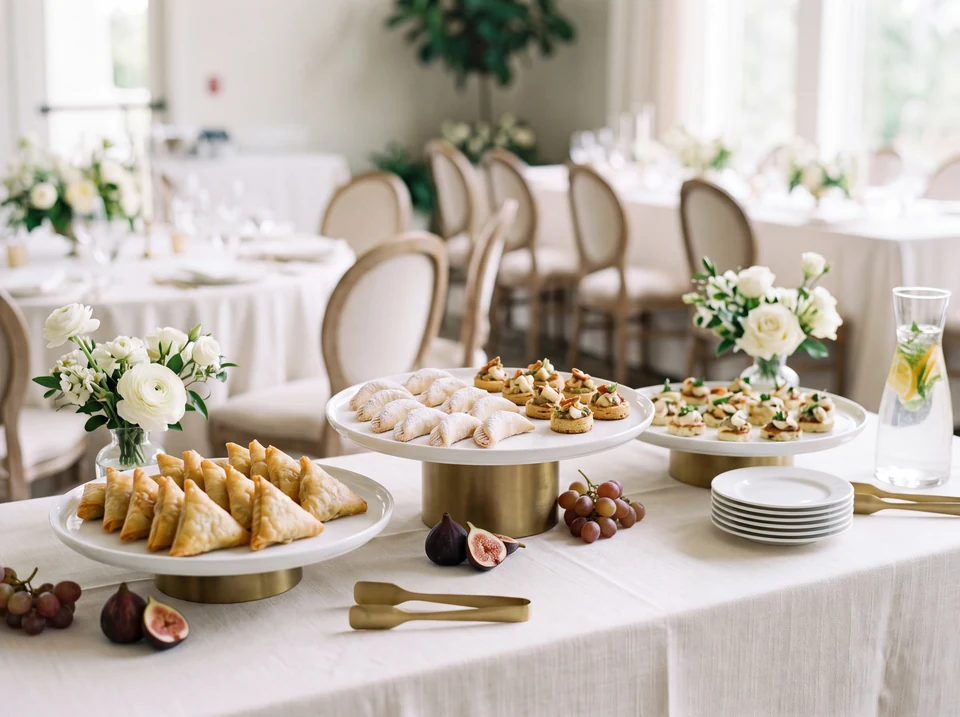 Illustration fictive : un buffet de réception composé de bouchées salées et de pâtisseries.
