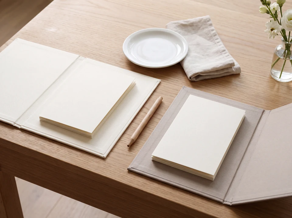 Illustration fictive : des carnets et échantillons clairs disposés pour préparer des choix.