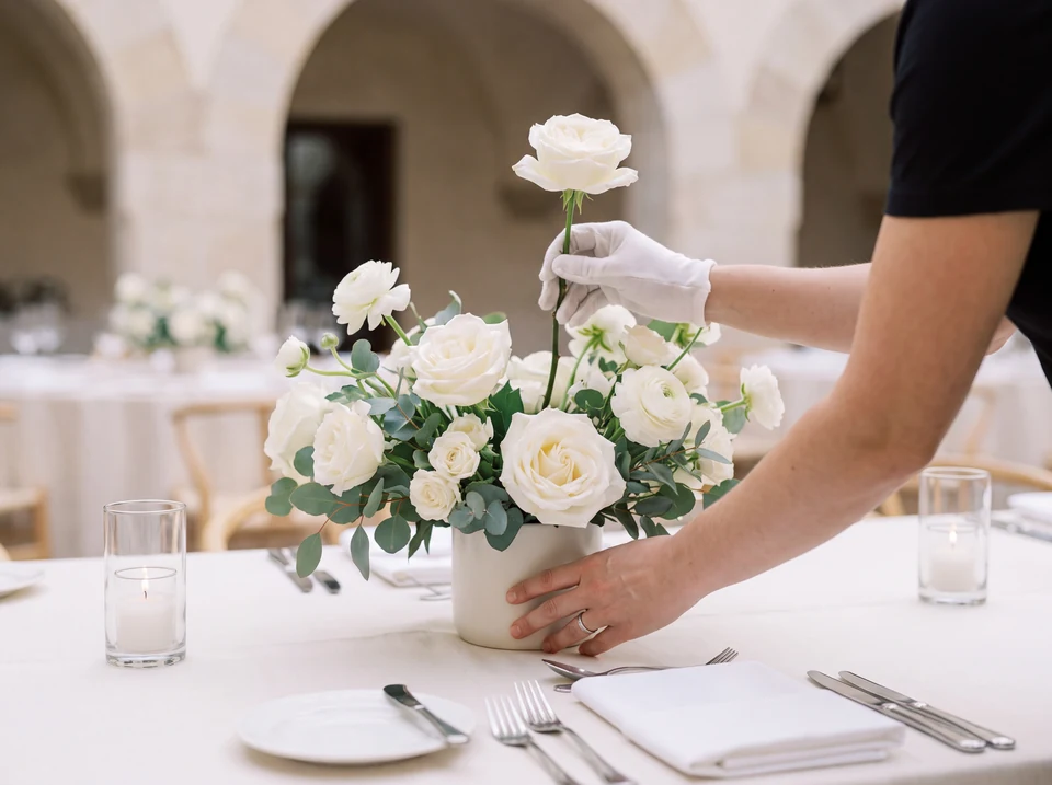 Illustration fictive : des fleurs blanches et du feuillage disposés sur une table de réception.