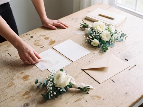 Illustration fictive : des préparatifs de mariage organisés autour de fleurs et de papeterie.