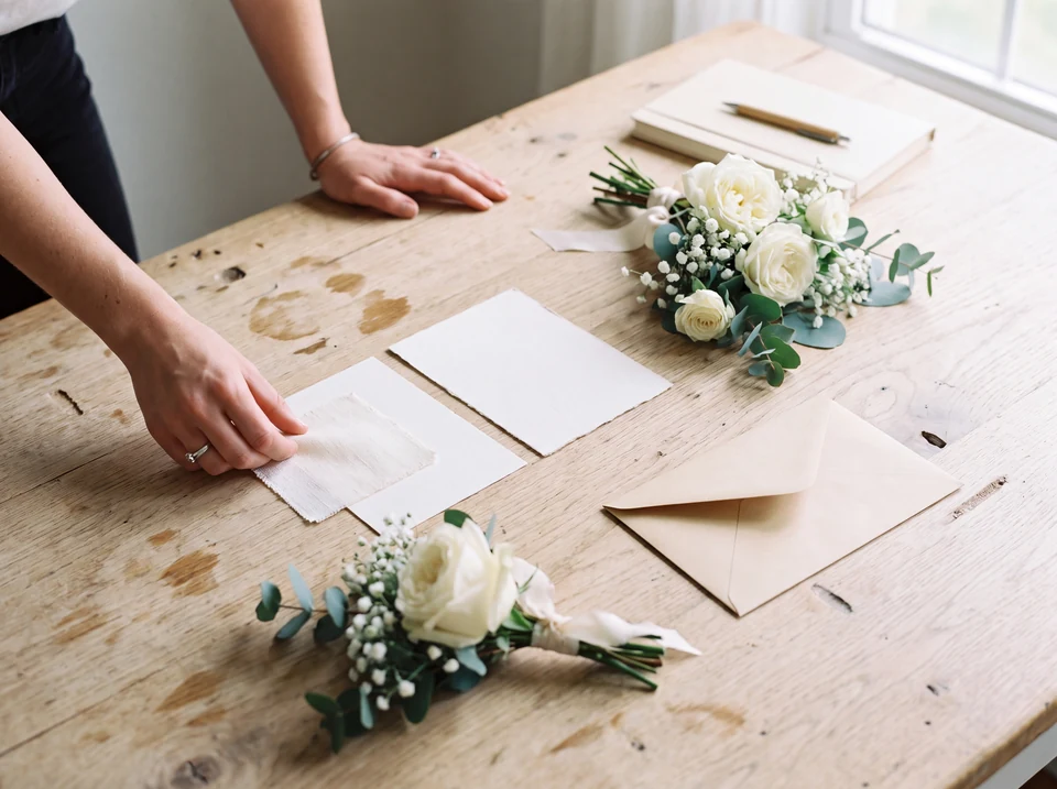 Illustration fictive : des préparatifs de mariage organisés autour de fleurs et de papeterie.