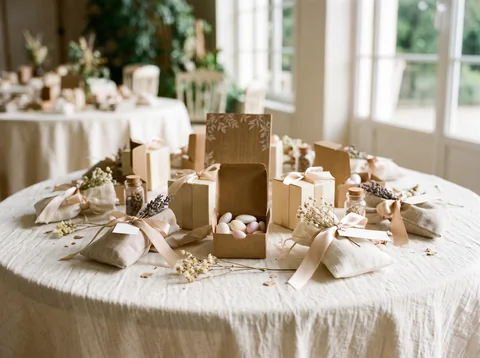 Illustration fictive : des boîtes de dragées et petits sachets pour les invités.