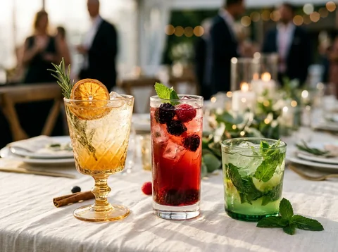 Illustration fictive : trois cocktails sans alcool aux fruits, sur une table de réception.