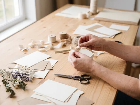 Illustration fictive : des mains assemblent une décoration de mariage en papier et rubans.