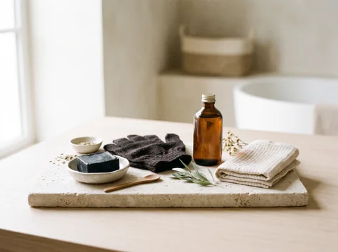 Illustration fictive : un assortiment de soins, savon, huile et gant de gommage.